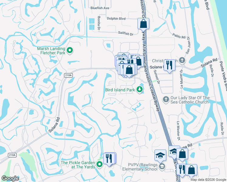 map of restaurants, bars, coffee shops, grocery stores, and more near 600 Sandiron Circle in Ponte Vedra Beach