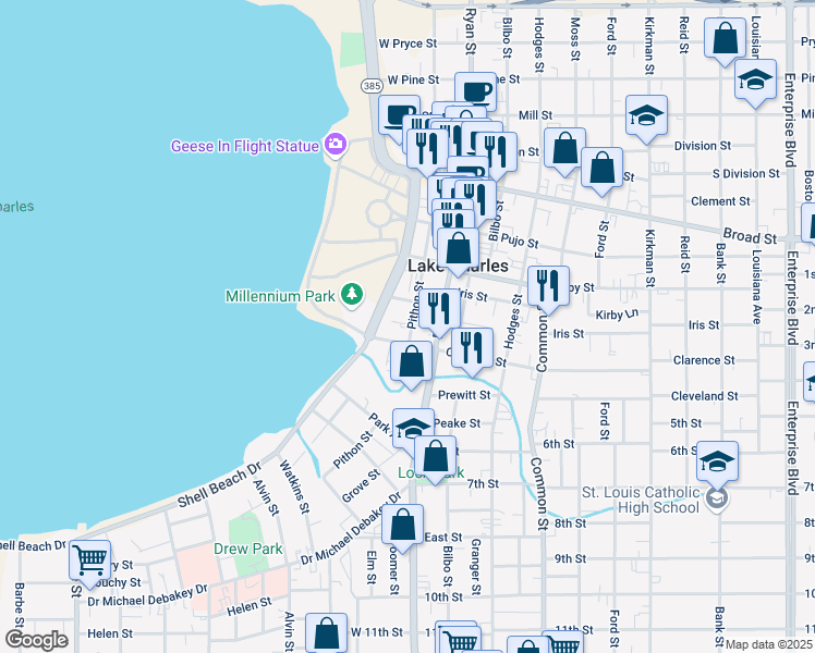 map of restaurants, bars, coffee shops, grocery stores, and more near 1116 Pithon Street in Lake Charles