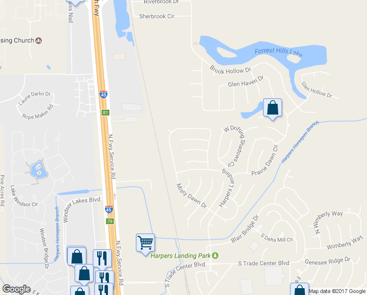 map of restaurants, bars, coffee shops, grocery stores, and more near 46 Windswept Oaks Place in Conroe