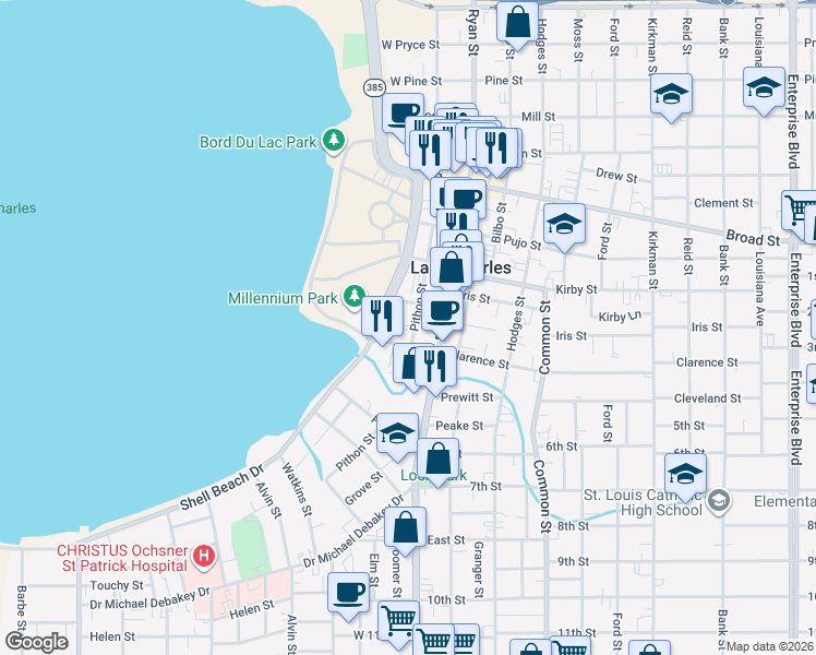 map of restaurants, bars, coffee shops, grocery stores, and more near 1116 Pithon Street in Lake Charles
