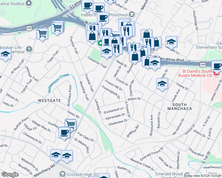 map of restaurants, bars, coffee shops, grocery stores, and more near 1810 Forestglade Dr in Austin