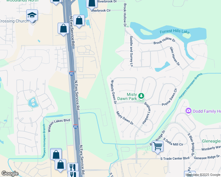 map of restaurants, bars, coffee shops, grocery stores, and more near 190 West Misty Dawn Drive in Conroe