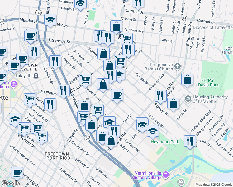 map of restaurants, bars, coffee shops, grocery stores, and more near 701-899 St Charles St in Lafayette