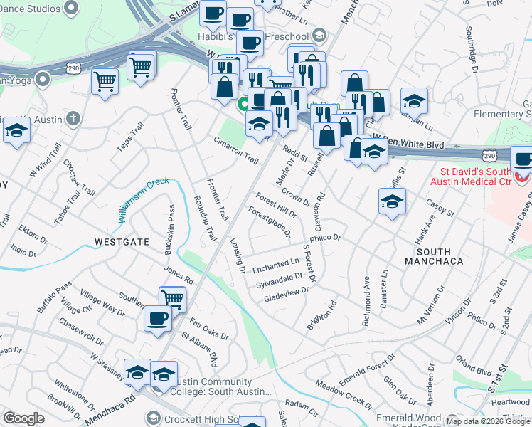 map of restaurants, bars, coffee shops, grocery stores, and more near 1811 Forest Hill Drive in Austin