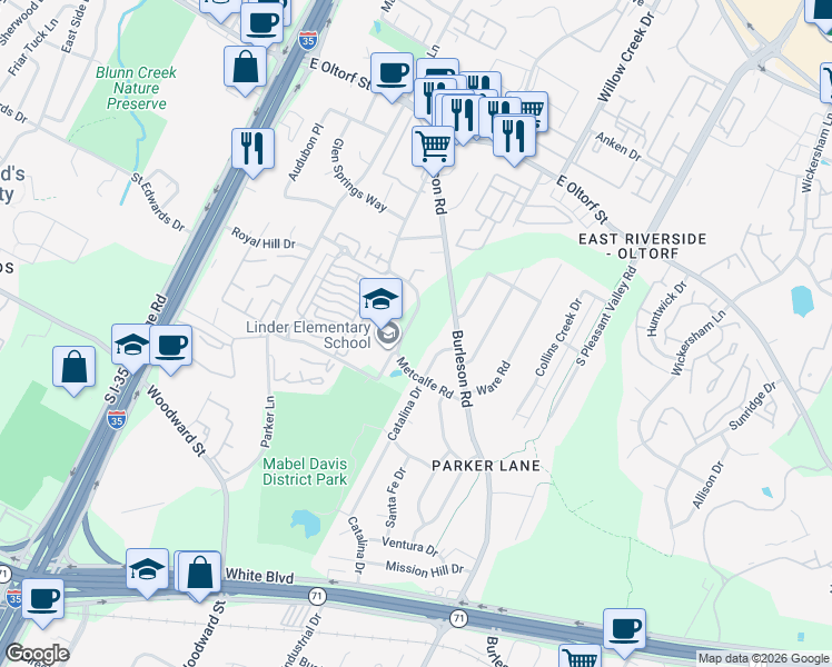 map of restaurants, bars, coffee shops, grocery stores, and more near 2817 Metcalfe Road in Austin
