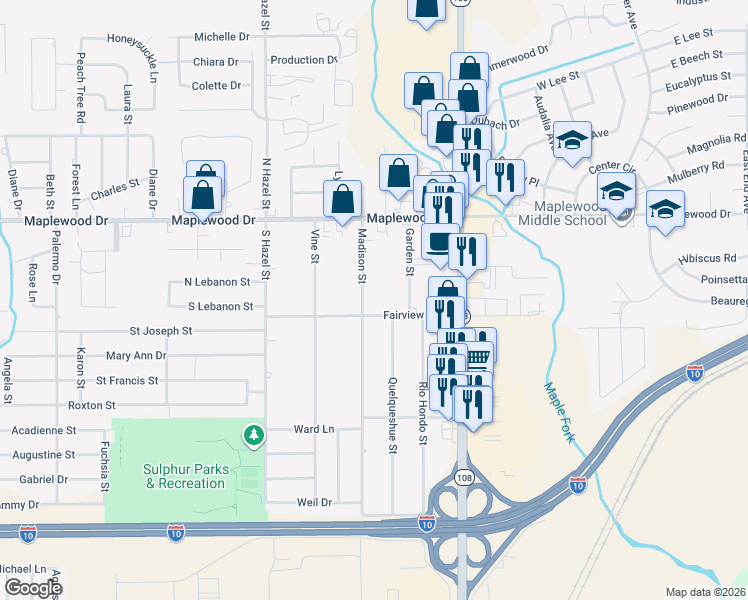 map of restaurants, bars, coffee shops, grocery stores, and more near 116 Garden St in Sulphur