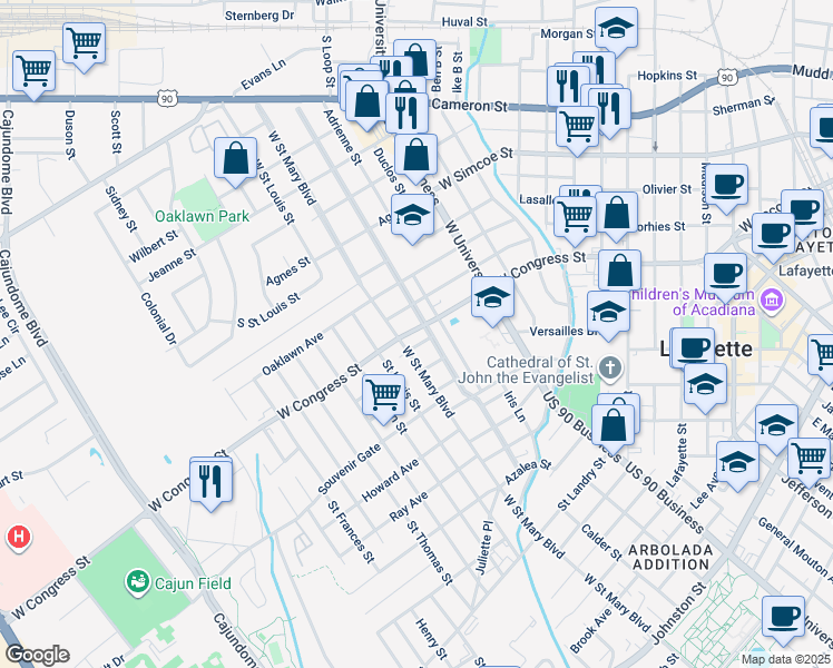 map of restaurants, bars, coffee shops, grocery stores, and more near 903 Myrtle Place in Lafayette