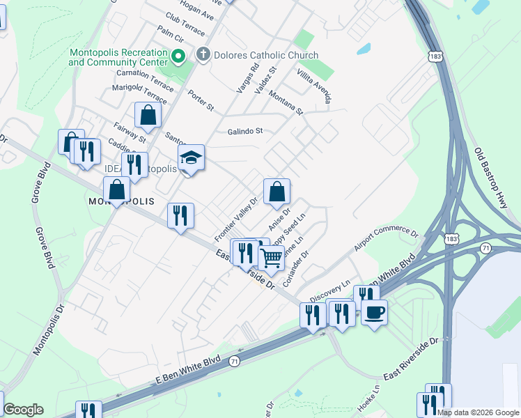map of restaurants, bars, coffee shops, grocery stores, and more near 1600 Frontier Valley Drive in Austin