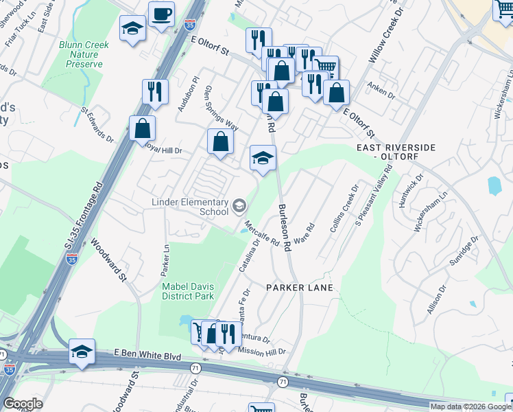 map of restaurants, bars, coffee shops, grocery stores, and more near 2817 Metcalfe Road in Austin