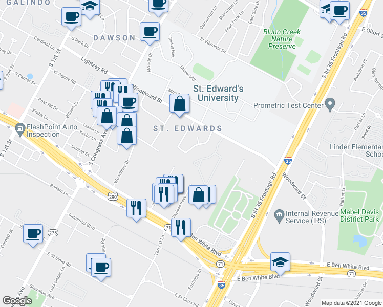 map of restaurants, bars, coffee shops, grocery stores, and more near 3449 Willowrun Drive in Austin