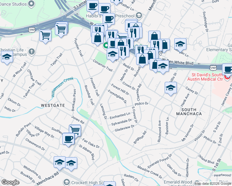 map of restaurants, bars, coffee shops, grocery stores, and more near 1811 Forest Hill Drive in Austin