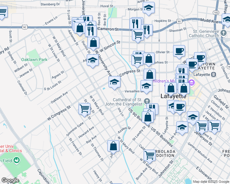 map of restaurants, bars, coffee shops, grocery stores, and more near 1301 West University Avenue in Lafayette