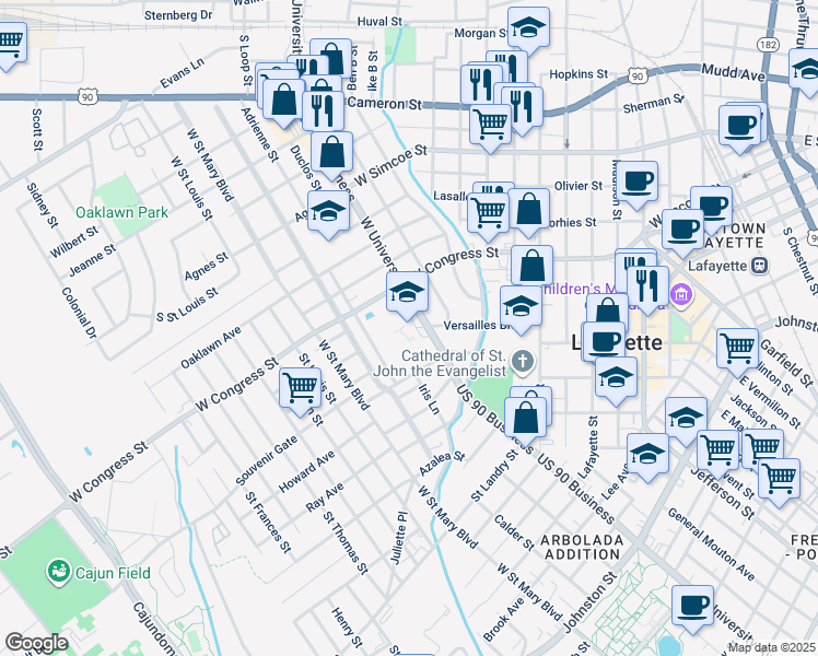 map of restaurants, bars, coffee shops, grocery stores, and more near 1301 West University Avenue in Lafayette