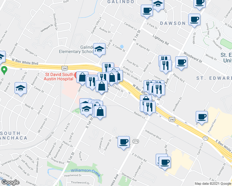 map of restaurants, bars, coffee shops, grocery stores, and more near 500 Normandy Street in Austin