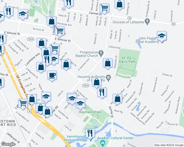 map of restaurants, bars, coffee shops, grocery stores, and more near 154 Champagne Street in Lafayette