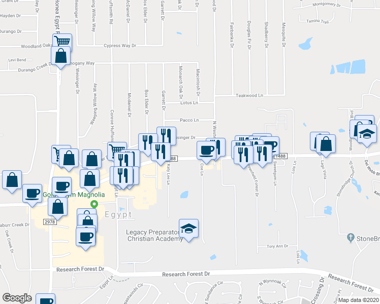 map of restaurants, bars, coffee shops, grocery stores, and more near 5814 Fm 1488 Road in Magnolia