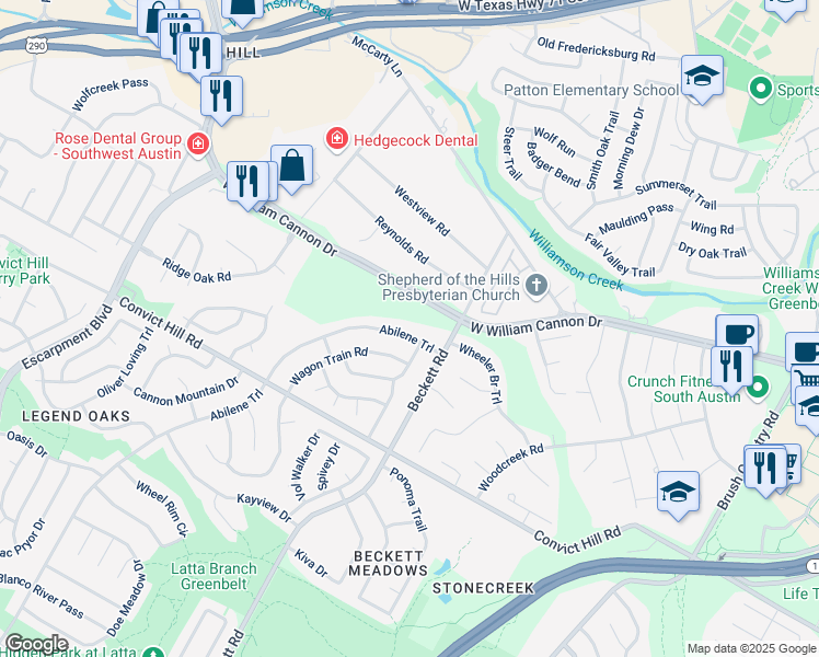 map of restaurants, bars, coffee shops, grocery stores, and more near 5504 Abilene Trail in Austin