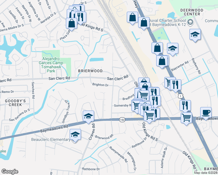 map of restaurants, bars, coffee shops, grocery stores, and more near 4917 Brighton Drive in Jacksonville