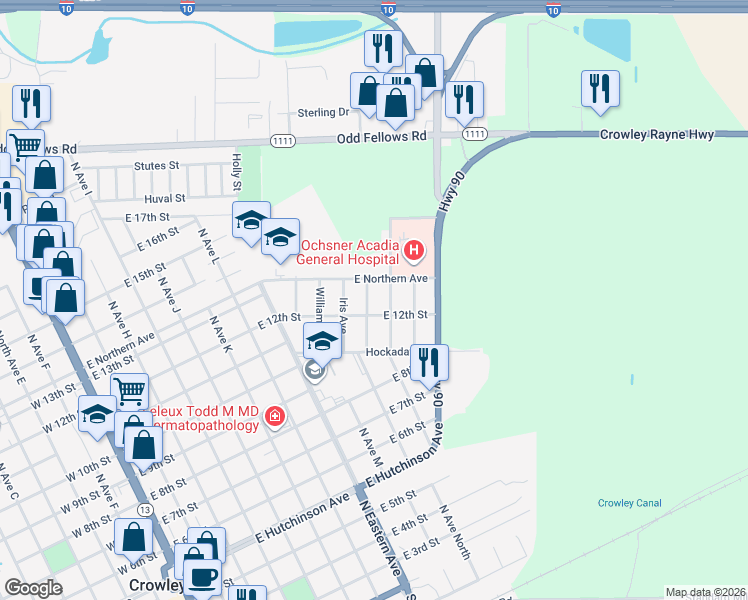 map of restaurants, bars, coffee shops, grocery stores, and more near 1226 Crawford Avenue in Crowley