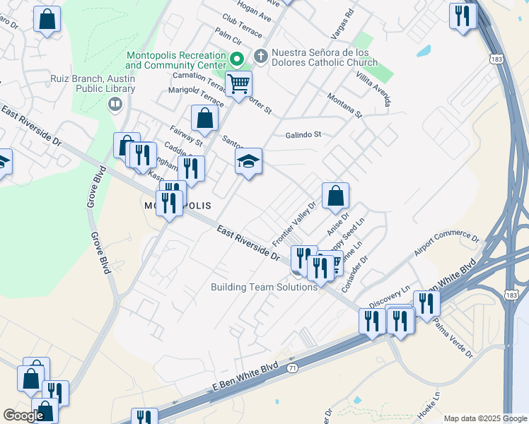 map of restaurants, bars, coffee shops, grocery stores, and more near Idea Road in Austin
