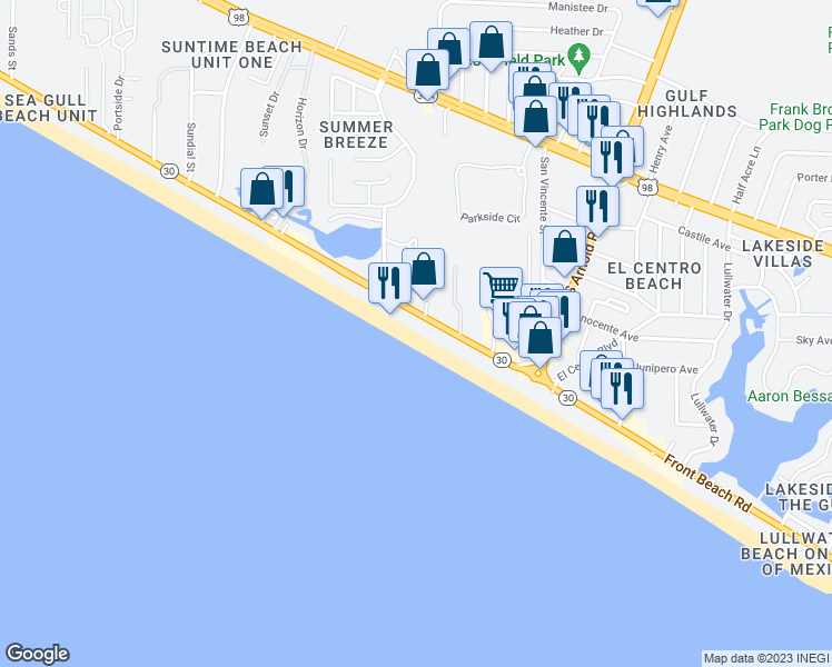 map of restaurants, bars, coffee shops, grocery stores, and more near 17283 Front Beach Road in Panama City Beach
