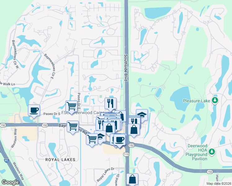 map of restaurants, bars, coffee shops, grocery stores, and more near 3084 Branch Wood Lane in Jacksonville