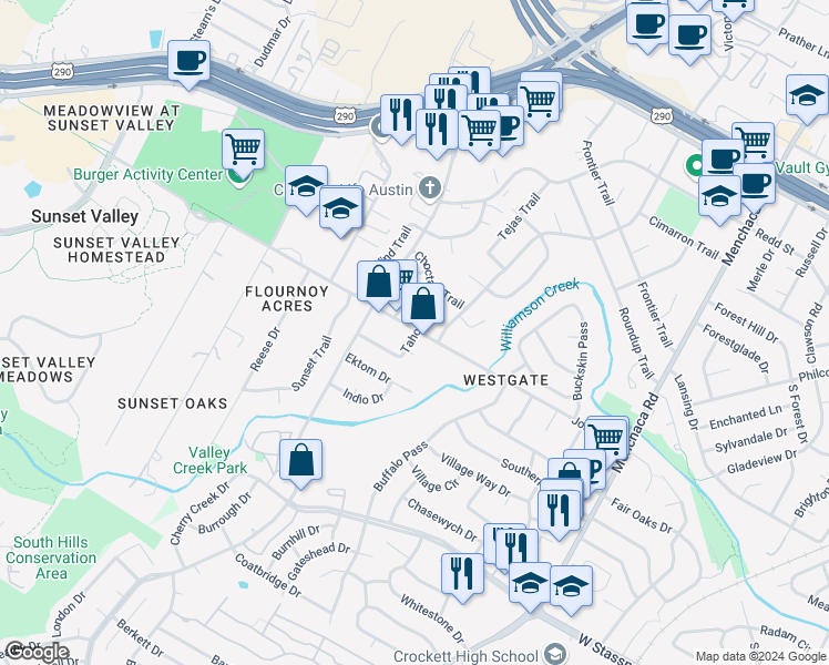 map of restaurants, bars, coffee shops, grocery stores, and more near Tahoe Trail in Austin