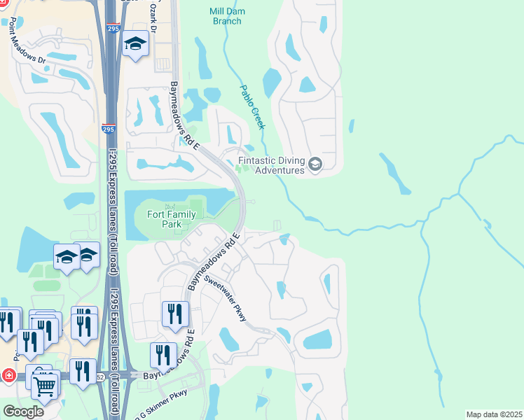 map of restaurants, bars, coffee shops, grocery stores, and more near 8302 Baymeadows Road East in Jacksonville