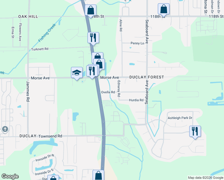map of restaurants, bars, coffee shops, grocery stores, and more near 6834 Ednaray Road in Jacksonville
