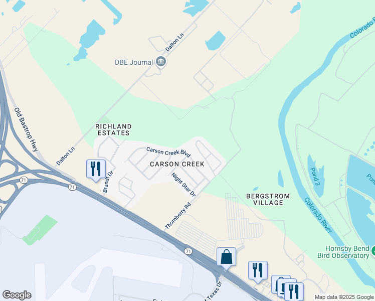 map of restaurants, bars, coffee shops, grocery stores, and more near 9510 Carson Creek Boulevard in Del Valle