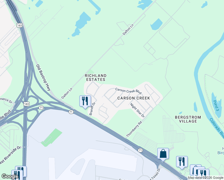 map of restaurants, bars, coffee shops, grocery stores, and more near 9312 Carson Creek Boulevard in Del Valle