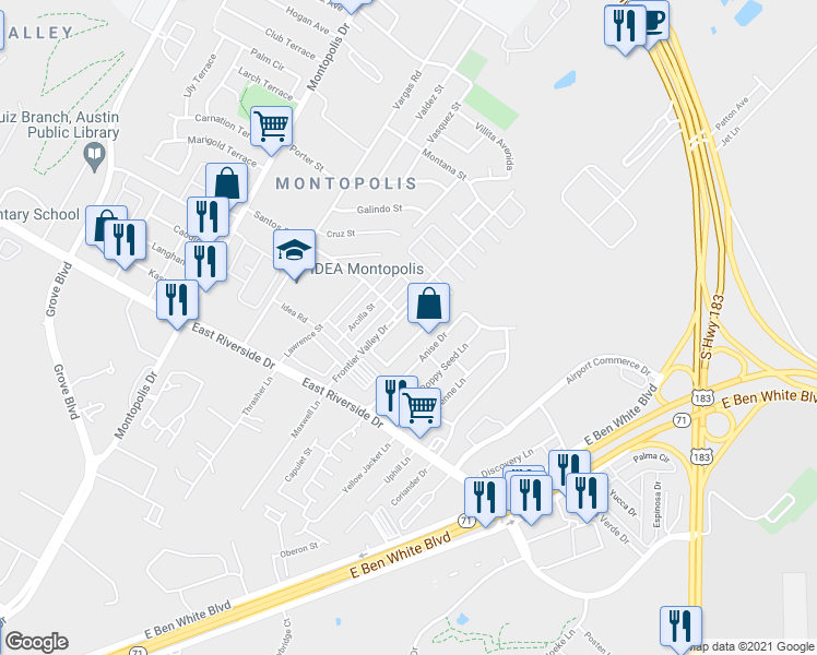 map of restaurants, bars, coffee shops, grocery stores, and more near 1600 Frontier Valley Drive in Austin