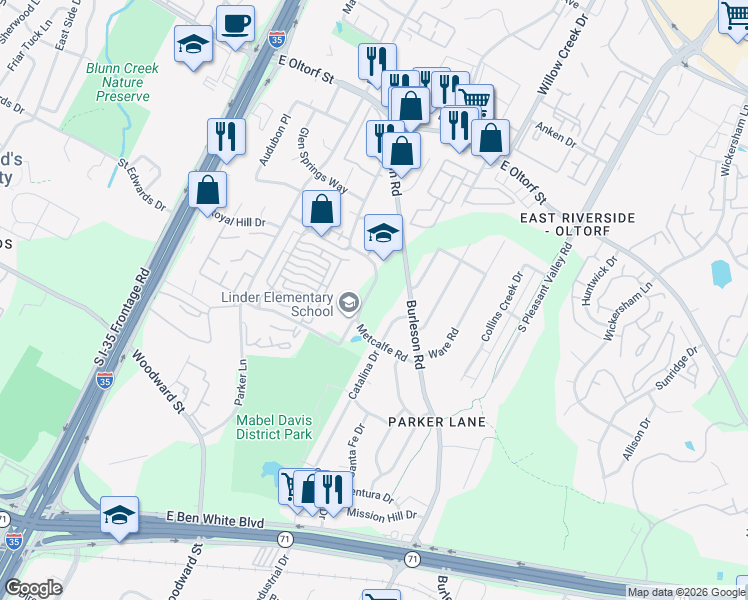 map of restaurants, bars, coffee shops, grocery stores, and more near 2817 Metcalfe Road in Austin