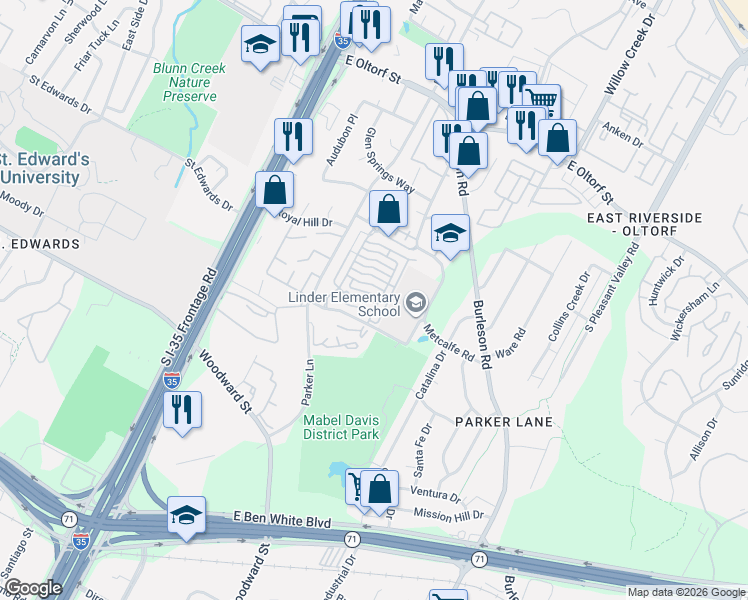 map of restaurants, bars, coffee shops, grocery stores, and more near 1925 Warely Lane in Austin