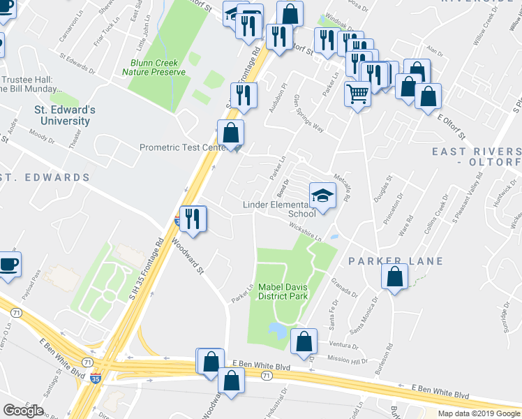 map of restaurants, bars, coffee shops, grocery stores, and more near 3003 Parker Lane in Austin