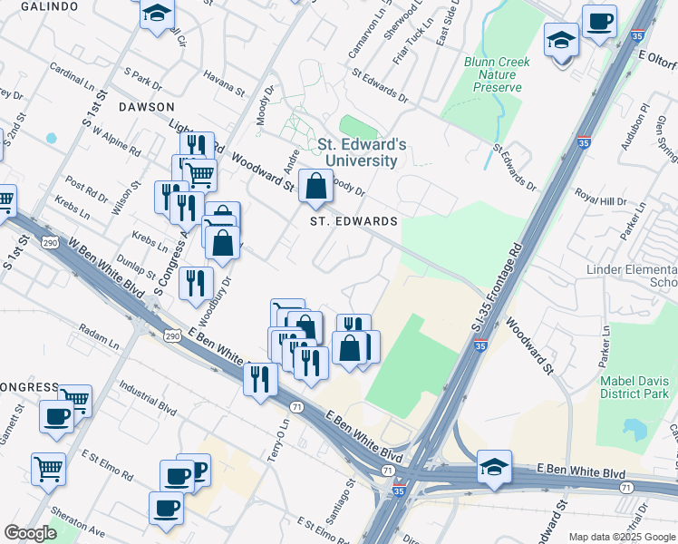 map of restaurants, bars, coffee shops, grocery stores, and more near 3449 Willowrun Drive in Austin