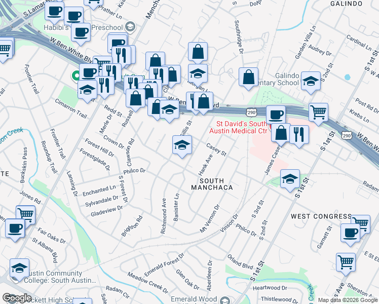 map of restaurants, bars, coffee shops, grocery stores, and more near 4406 Banister Lane in Austin