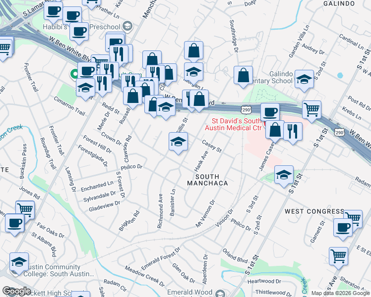 map of restaurants, bars, coffee shops, grocery stores, and more near 4406 Banister Lane in Austin