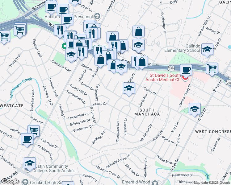 map of restaurants, bars, coffee shops, grocery stores, and more near 4424 Diane Drive in Austin