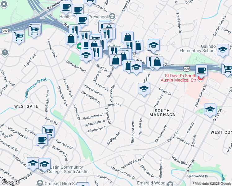 map of restaurants, bars, coffee shops, grocery stores, and more near 4511 Clawson Road in Austin
