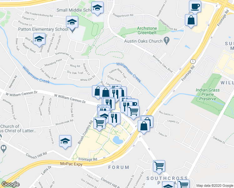 map of restaurants, bars, coffee shops, grocery stores, and more near 4515 Langtry Lane in Austin