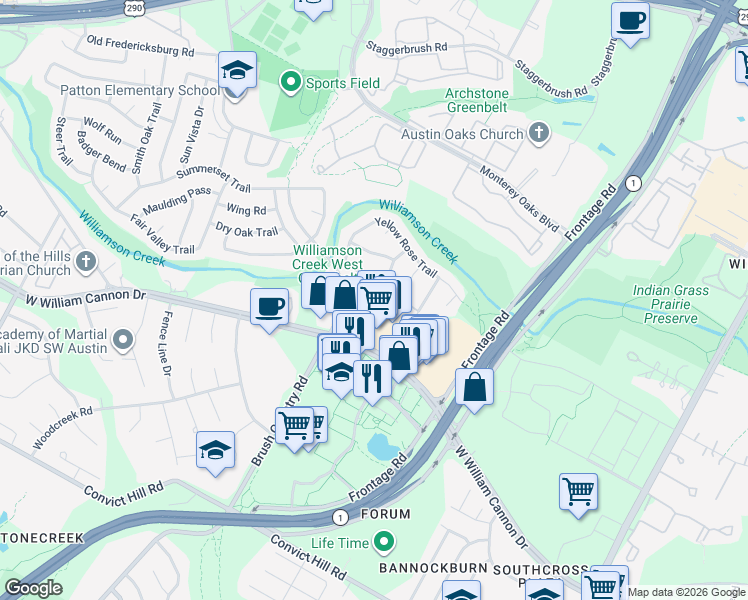 map of restaurants, bars, coffee shops, grocery stores, and more near 4515 Langtry Lane in Austin