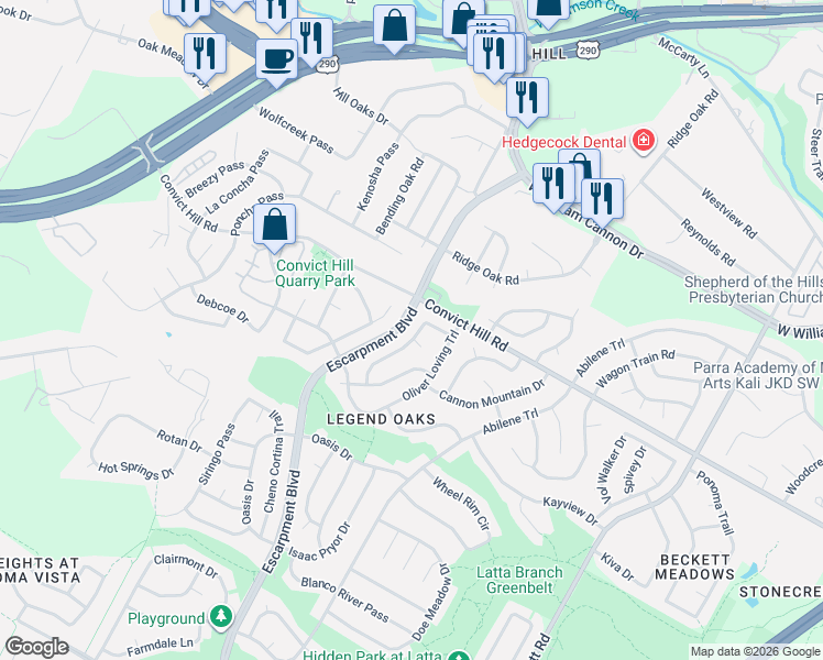 map of restaurants, bars, coffee shops, grocery stores, and more near 7414 Mifflin Kenedy Terrace in Austin