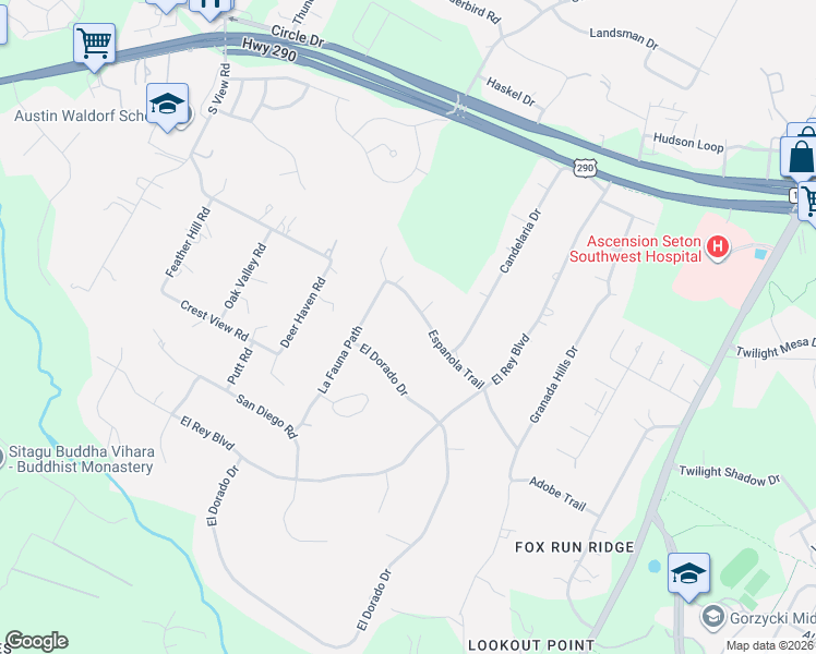 map of restaurants, bars, coffee shops, grocery stores, and more near 8109 Espanola Trail in Austin