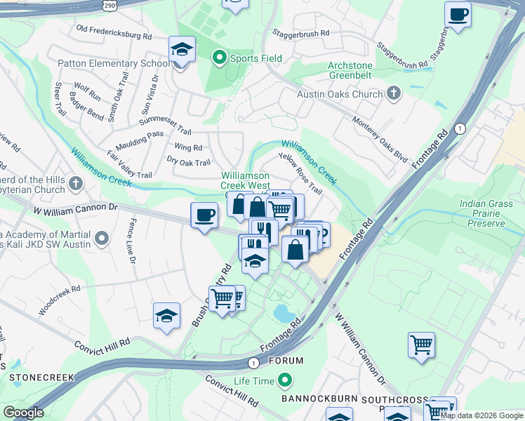 map of restaurants, bars, coffee shops, grocery stores, and more near 4527 Langtry Lane in Austin