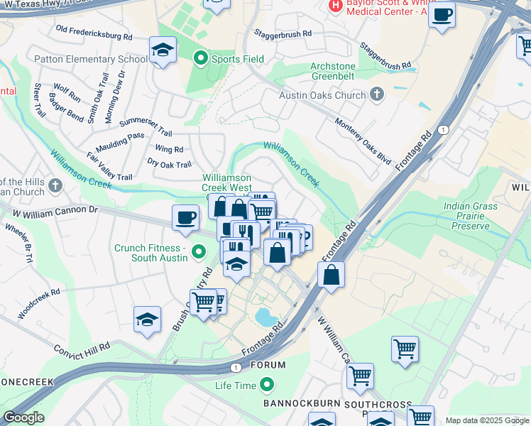 map of restaurants, bars, coffee shops, grocery stores, and more near 4515 Langtry Lane in Austin