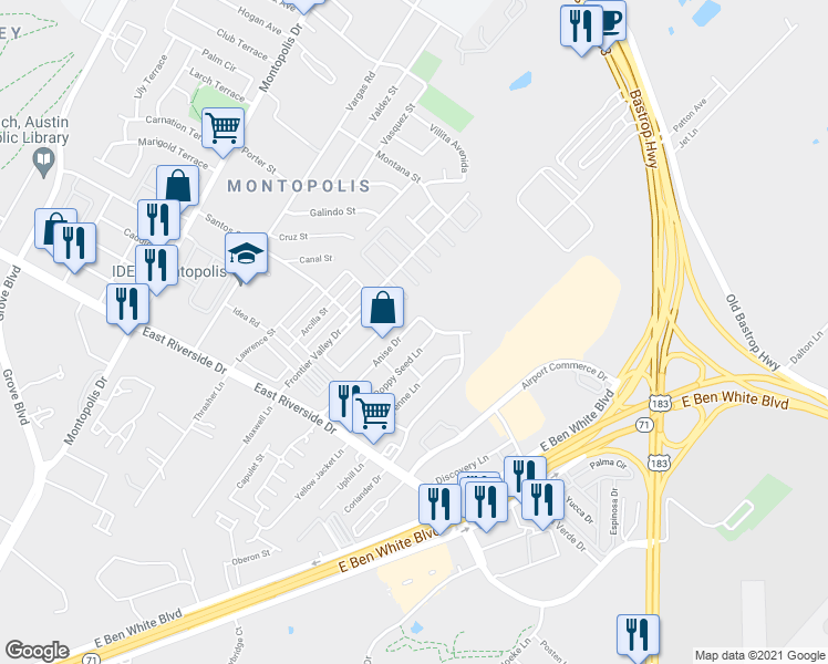 map of restaurants, bars, coffee shops, grocery stores, and more near 1413 Anise Drive in Austin