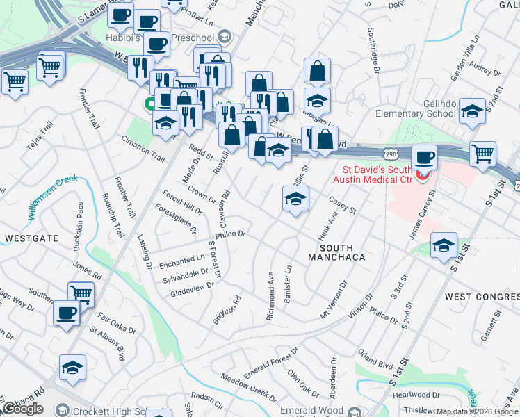 map of restaurants, bars, coffee shops, grocery stores, and more near Redd St & Diane Dr in Austin