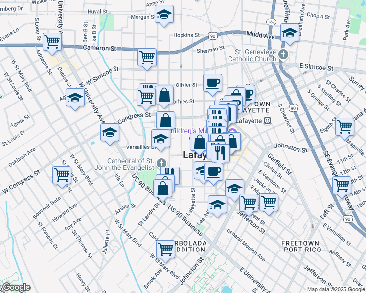 map of restaurants, bars, coffee shops, grocery stores, and more near 800 Lafayette Street in Lafayette
