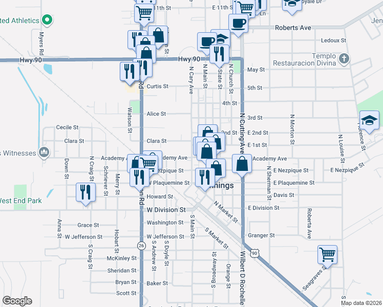 map of restaurants, bars, coffee shops, grocery stores, and more near 523 N Cary Ave in Jennings